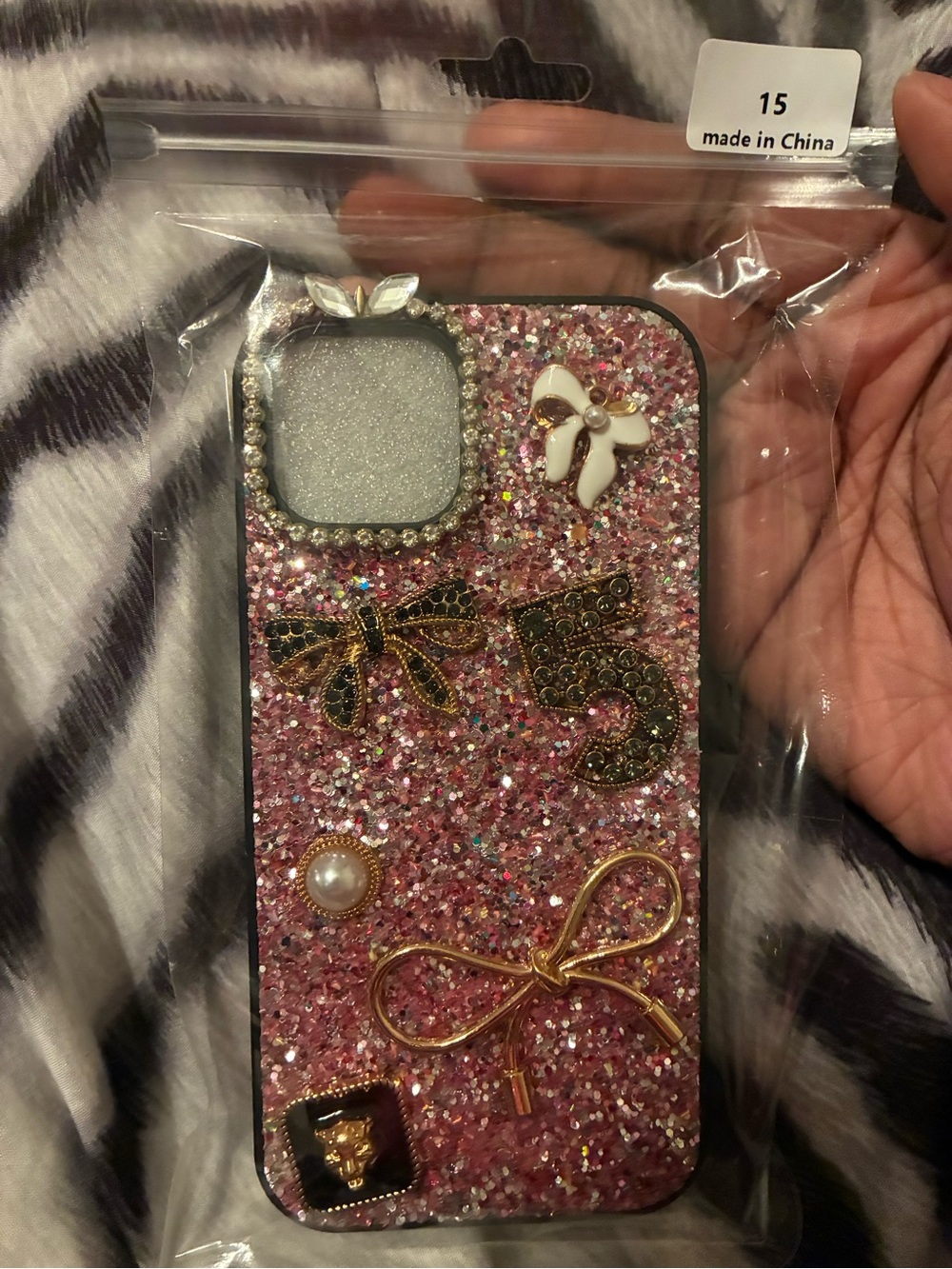 Glitter Pink Decorative Phone Case with Gold Accents